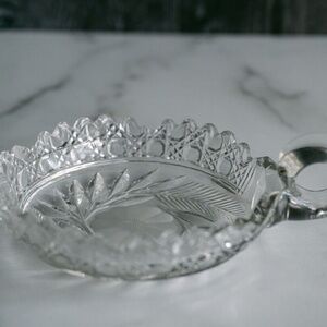 Imperial Glass Nucut Nappy Bowl with Handle. Sawtooth, star, vintage, excellent